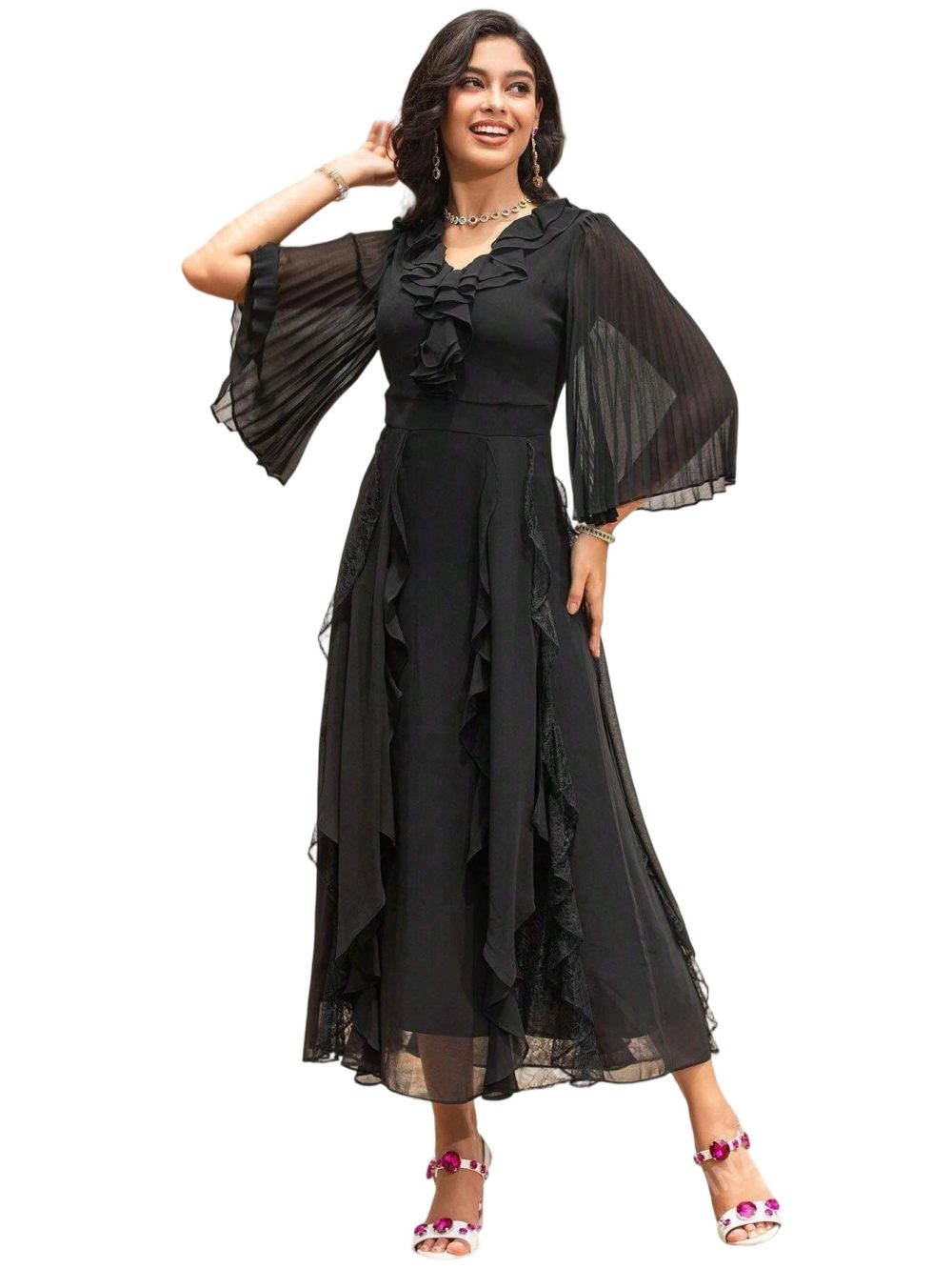 Designer Black V-Neck Applique A-Line Dress - Image 2