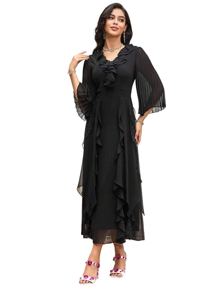 Designer Black V-Neck Applique A-Line Dress