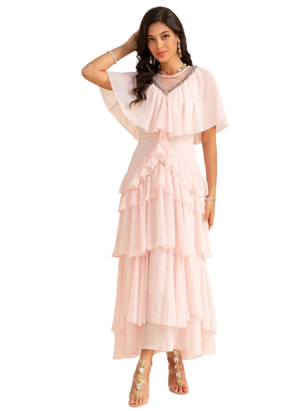 Elegant Asymmetrical Chiffon Dress with Ruffled Collar - Image 3