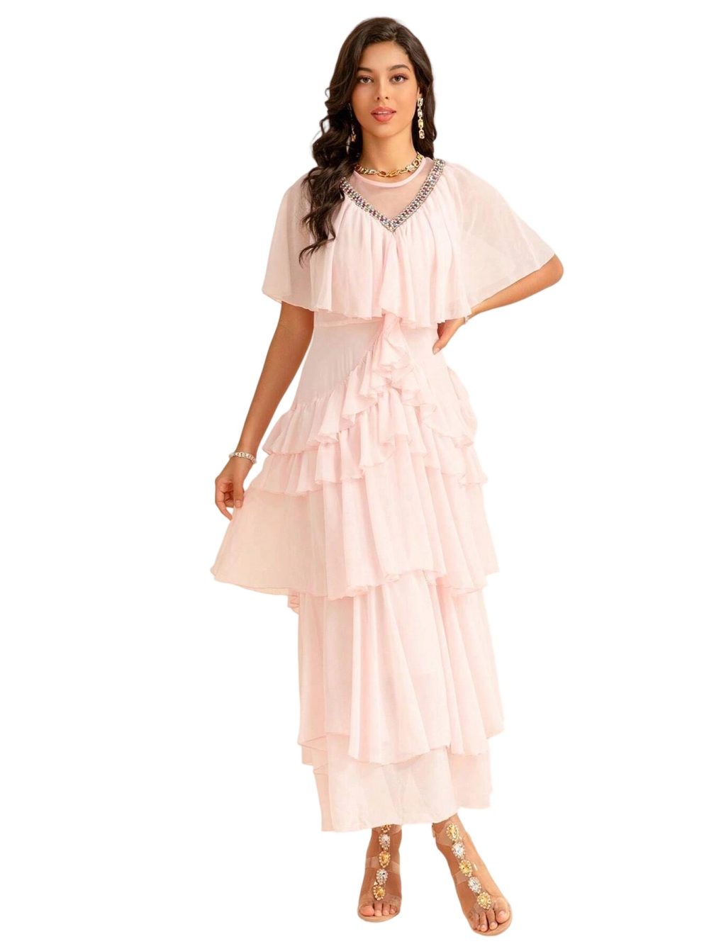 Elegant Asymmetrical Chiffon Dress with Ruffled Collar - Image 4