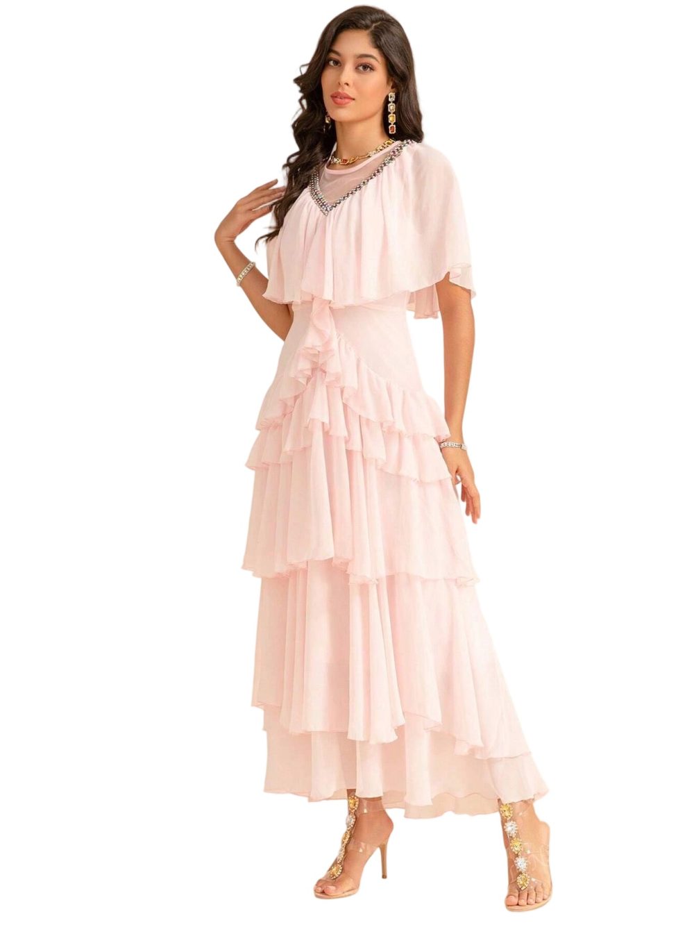 Elegant Asymmetrical Chiffon Dress with Ruffled Collar - Image 5