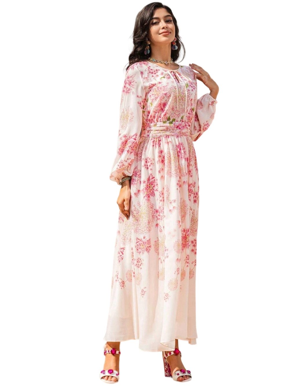 Women's Floral Print Vintage Chiffon Dress with Cinched Waist - Image 3