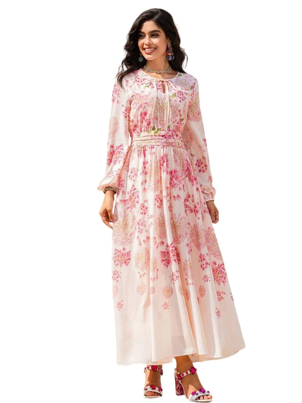 Women's Floral Print Vintage Chiffon Dress with Cinched Waist - Image 4
