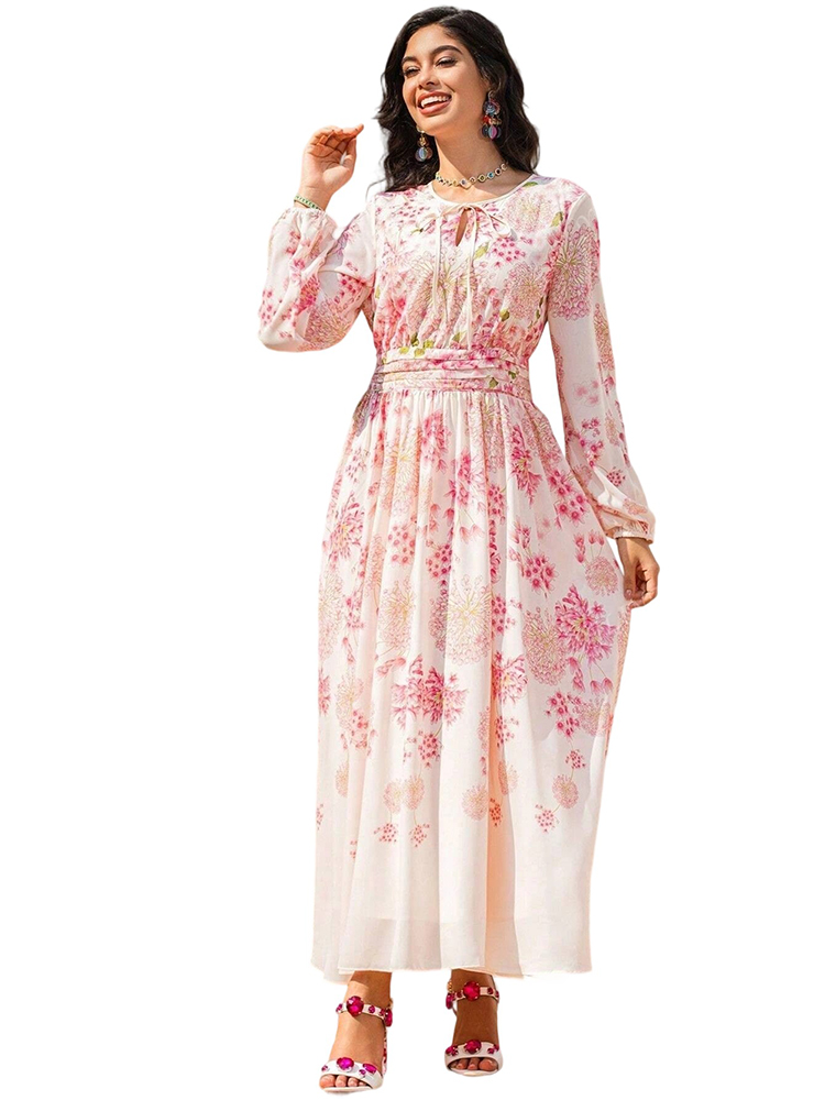 Women's Floral Print Vintage Chiffon Dress with Cinched Waist