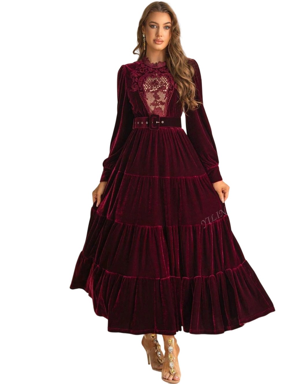 Long Sleeve Heavy Embroidery Velvet Waisted Banquet Gowns - Image 4