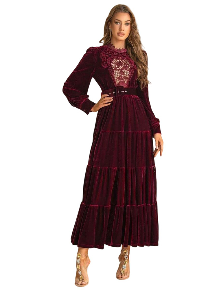Long Sleeve Heavy Embroidery Velvet Waisted Banquet Gowns