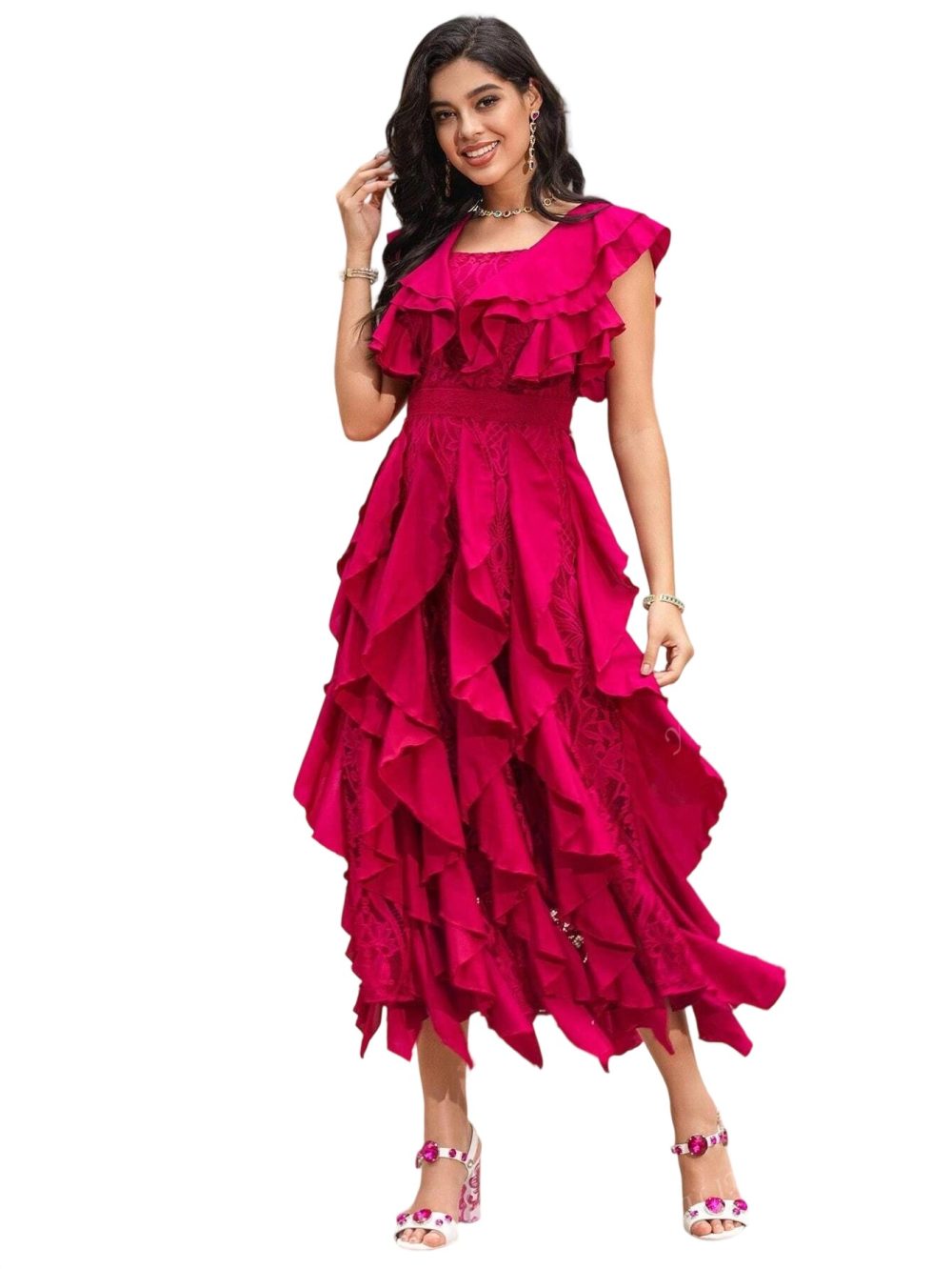Lace hollow embroidery ruffle square neck dress - Image 3