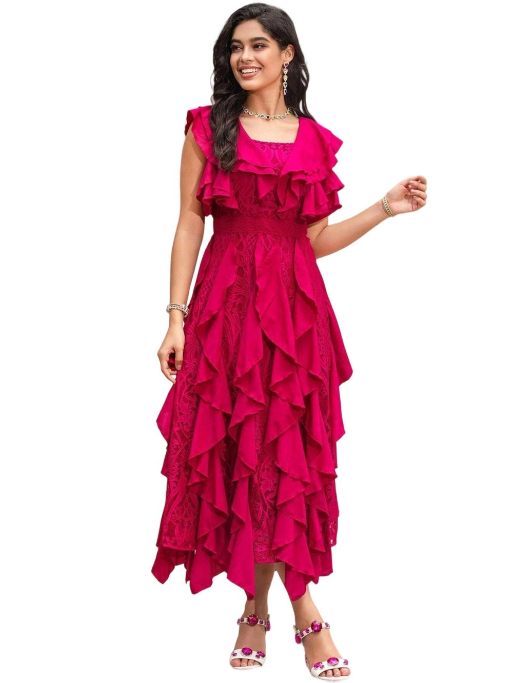 Lace hollow embroidery ruffle square neck dress - Image 4