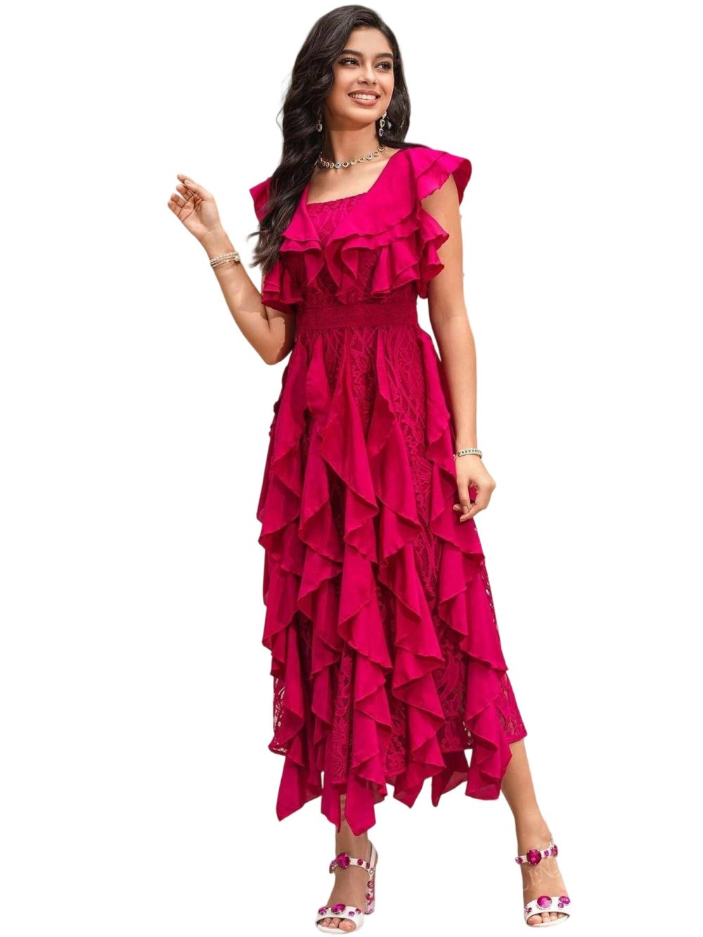 Lace hollow embroidery ruffle square neck dress - Image 5