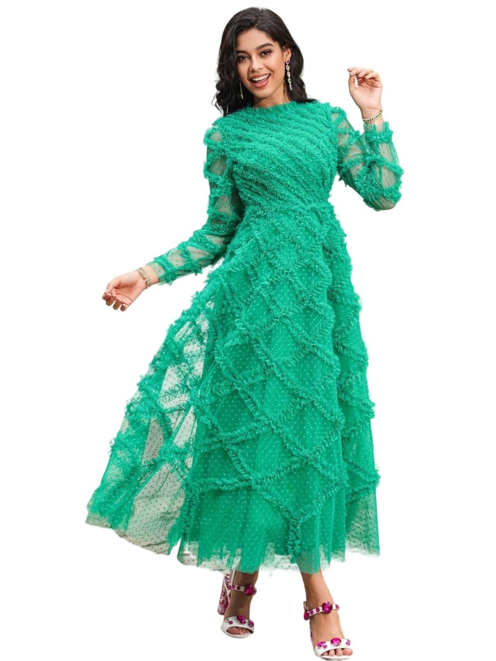 Lace hollow embroidery ruffle square neck dress - Image 5