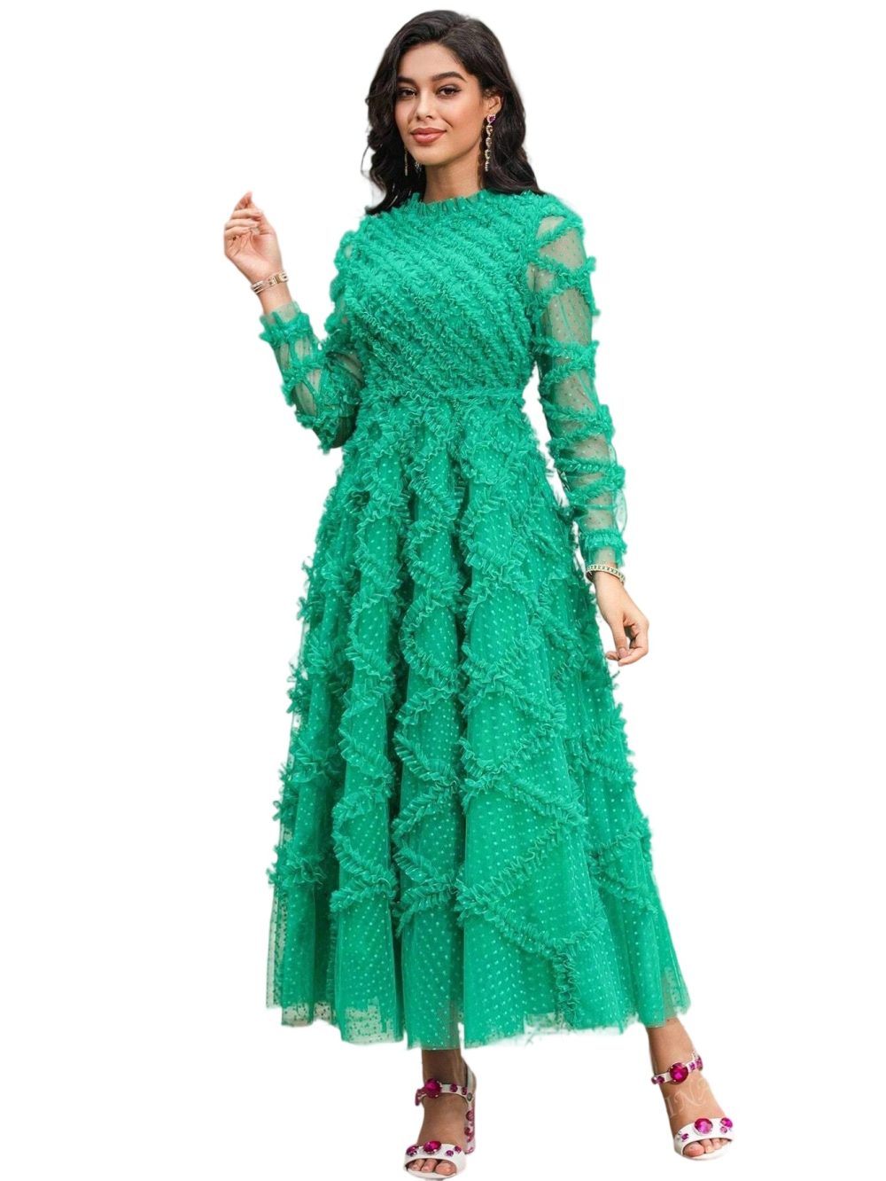 Lace hollow embroidery ruffle square neck dress - Image 7