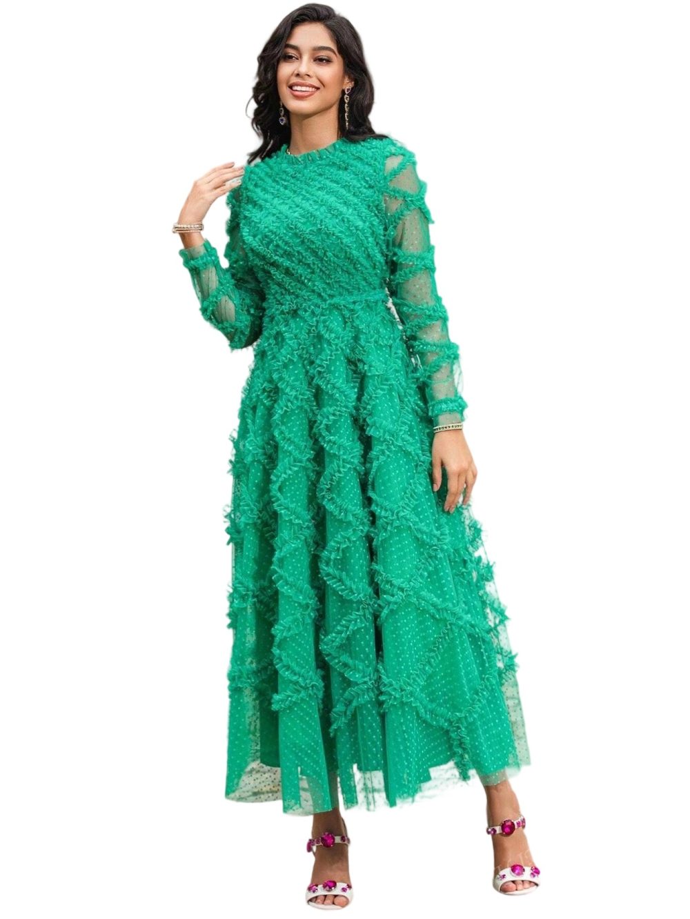 Lace hollow embroidery ruffle square neck dress - Image 8
