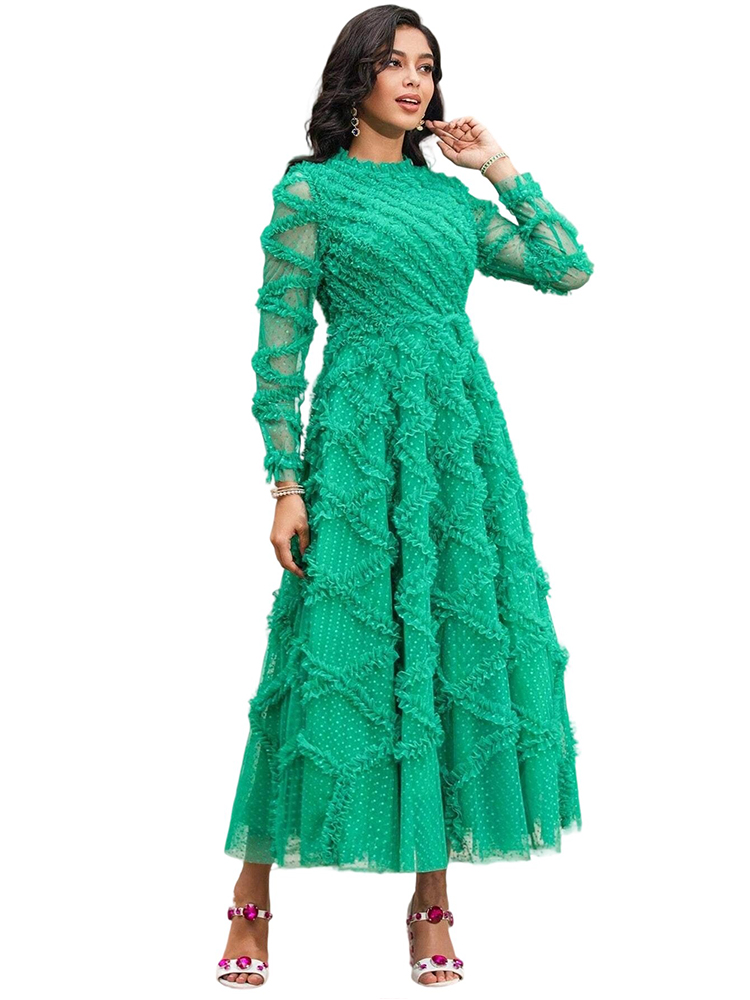 Lace hollow embroidery ruffle square neck dress