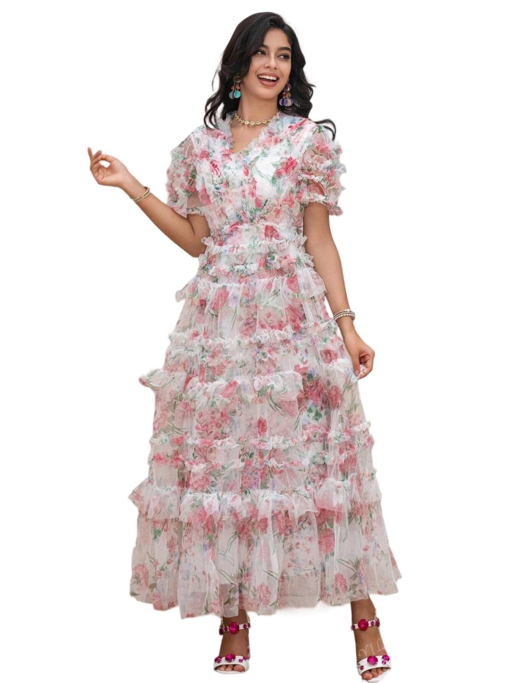 Customized high-end printed deep V-neck dress with waist - Image 3
