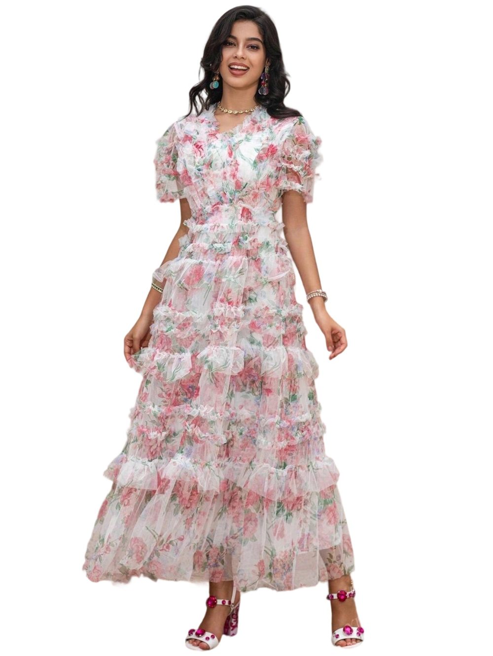 Customized high-end printed deep V-neck dress with waist - Image 4