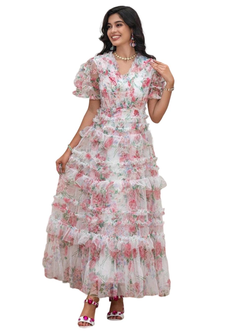 Customized high-end printed deep V-neck dress with waist - Image 5
