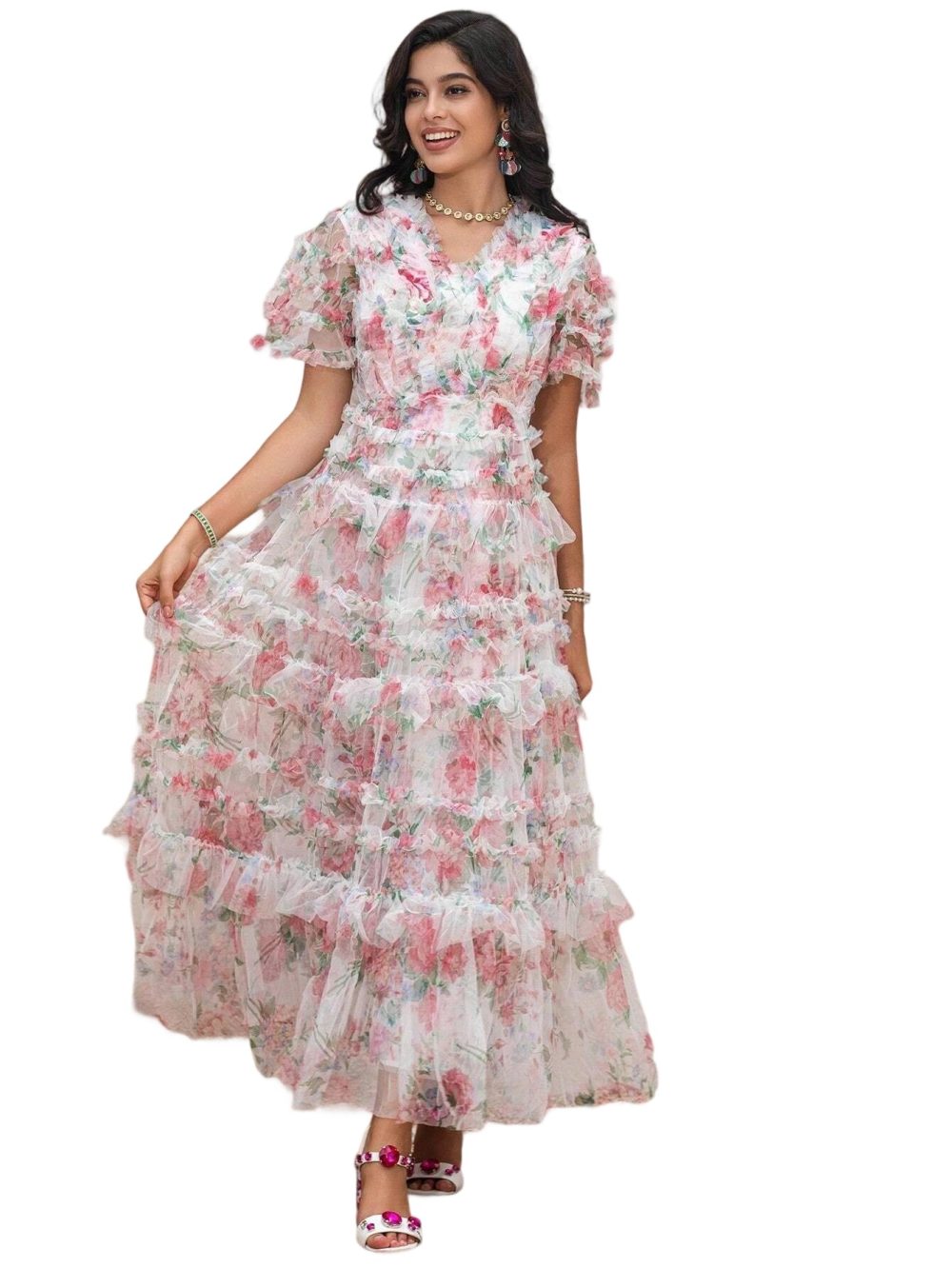 Customized high-end printed deep V-neck dress with waist - Image 6