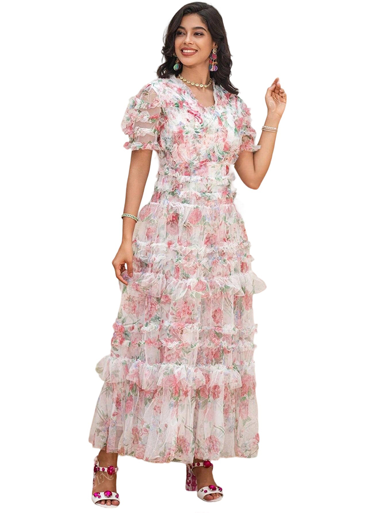 Customized high-end printed deep V-neck dress with waist