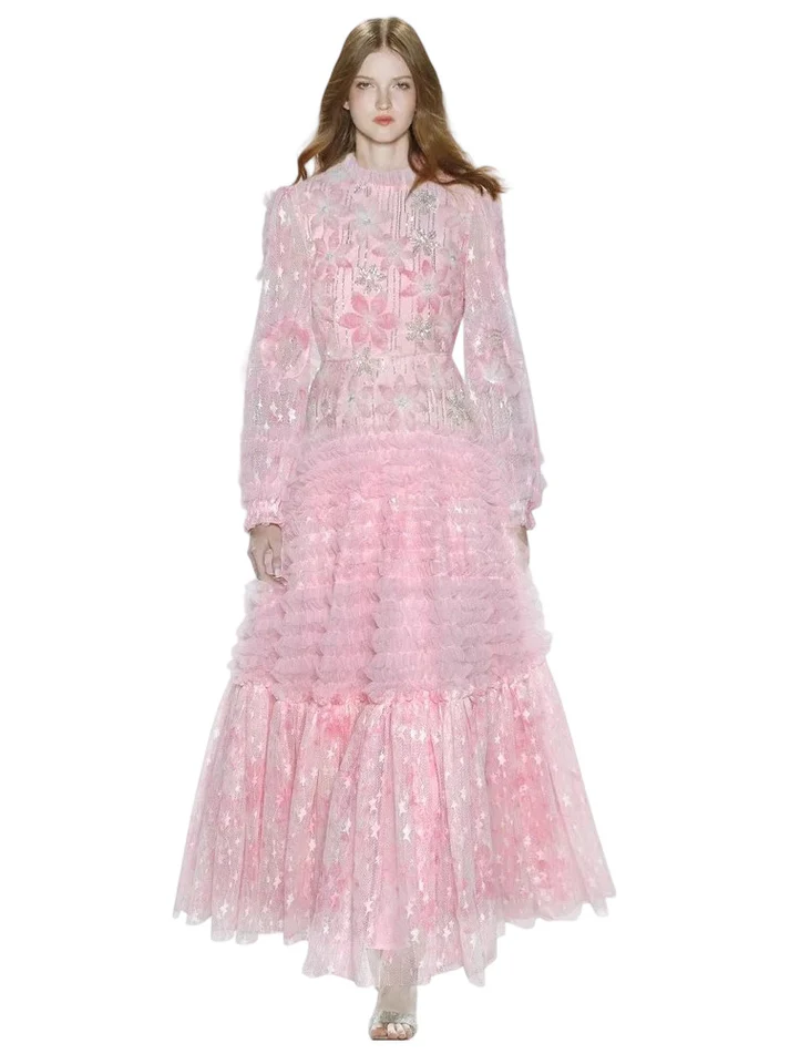 Women's Stand Collar Long Sleeve Sequin Long Swing Dress