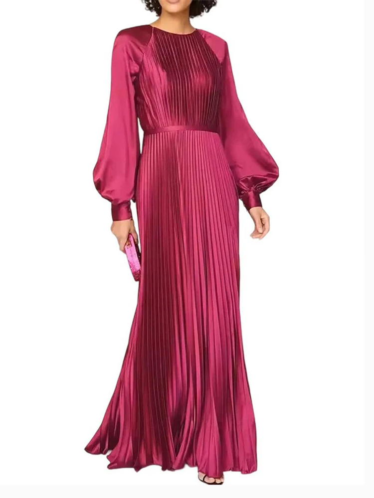 Party Ball Lantern Sleeve Solid Color Retro Pleated Evening Dress