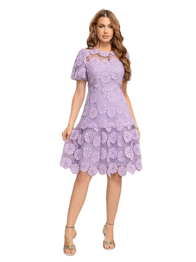 Round neck short sleeve lace hollow patchwork waist dress