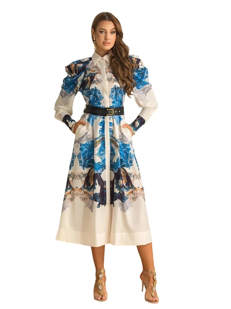 Women's Long Sleeve Single-Breasted Elegant Print Dresses With Belt