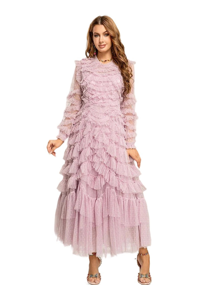 Round neck mesh splicing ruffle waist dress
