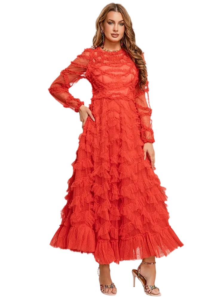 Round Neck Mushroom Edge Mesh Splicing Retro Party Dress