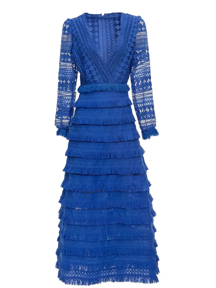 V-neck hollow lantern sleeve tassel cake dress