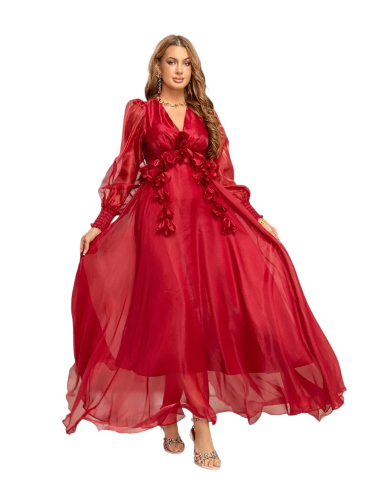 V-neck 3D flower lantern sleeve waist dress