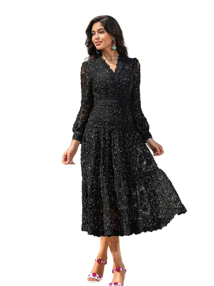 Women's V-neck Lace Luxury Retro Party Midi Dress