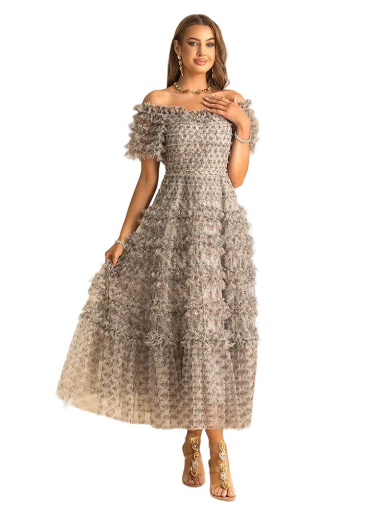 Bohemian floral print mesh tiered ruffle dress