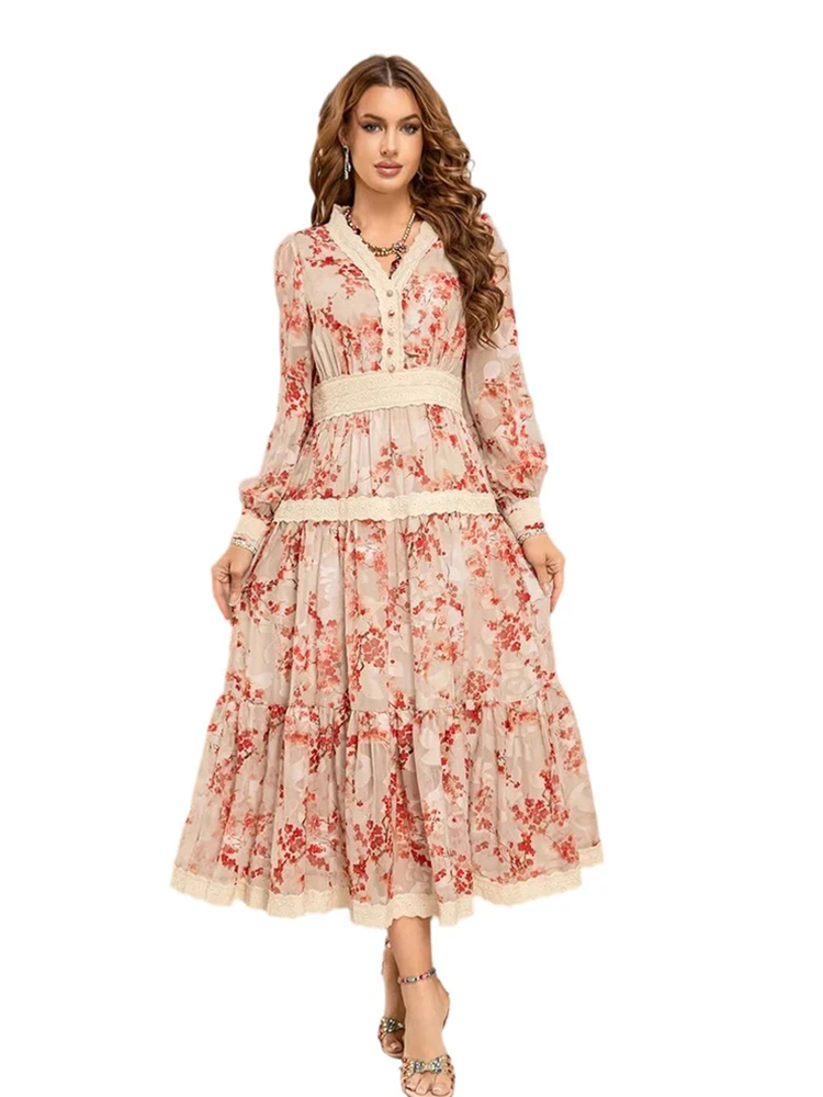 Summer New V-neck Retro Plum Blossom Printed Single Row Nail Button Dress Elegant Lace Edge Dress