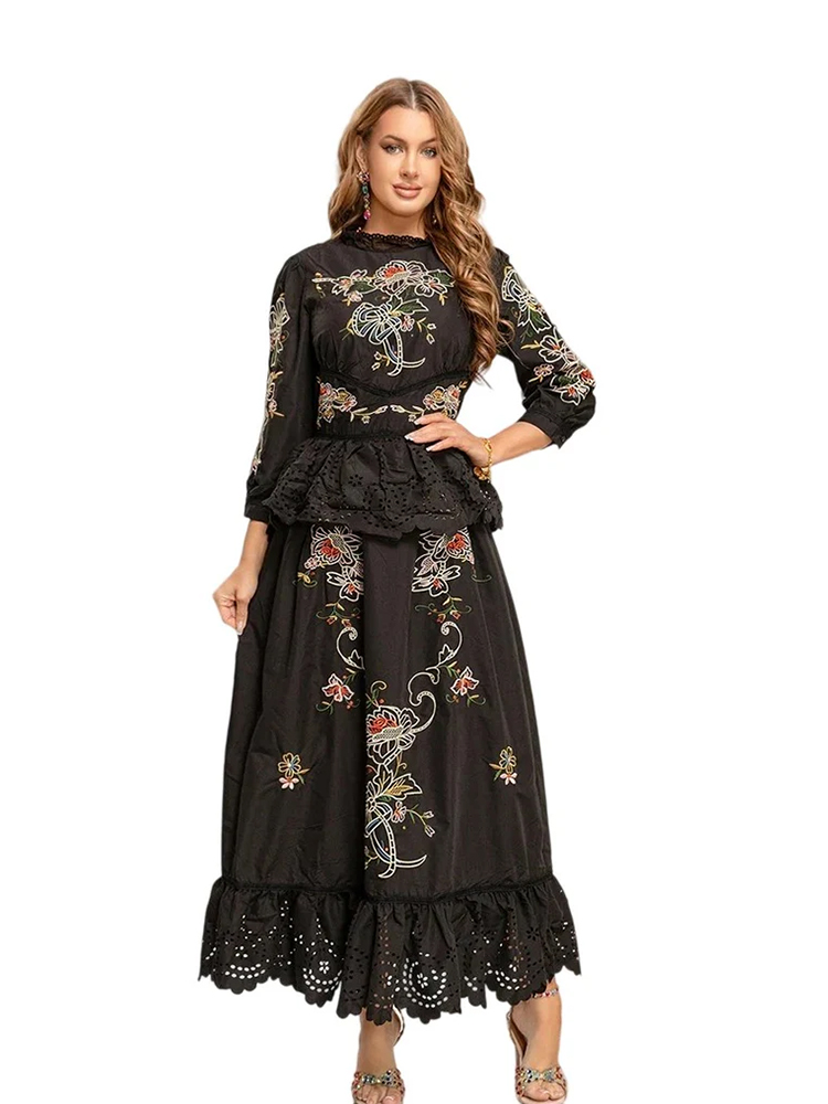 Summer New Vintage Nine Sleeve Heavy duty Embroidery Flower Splicing Lace Waist Ruffle Edge Dress