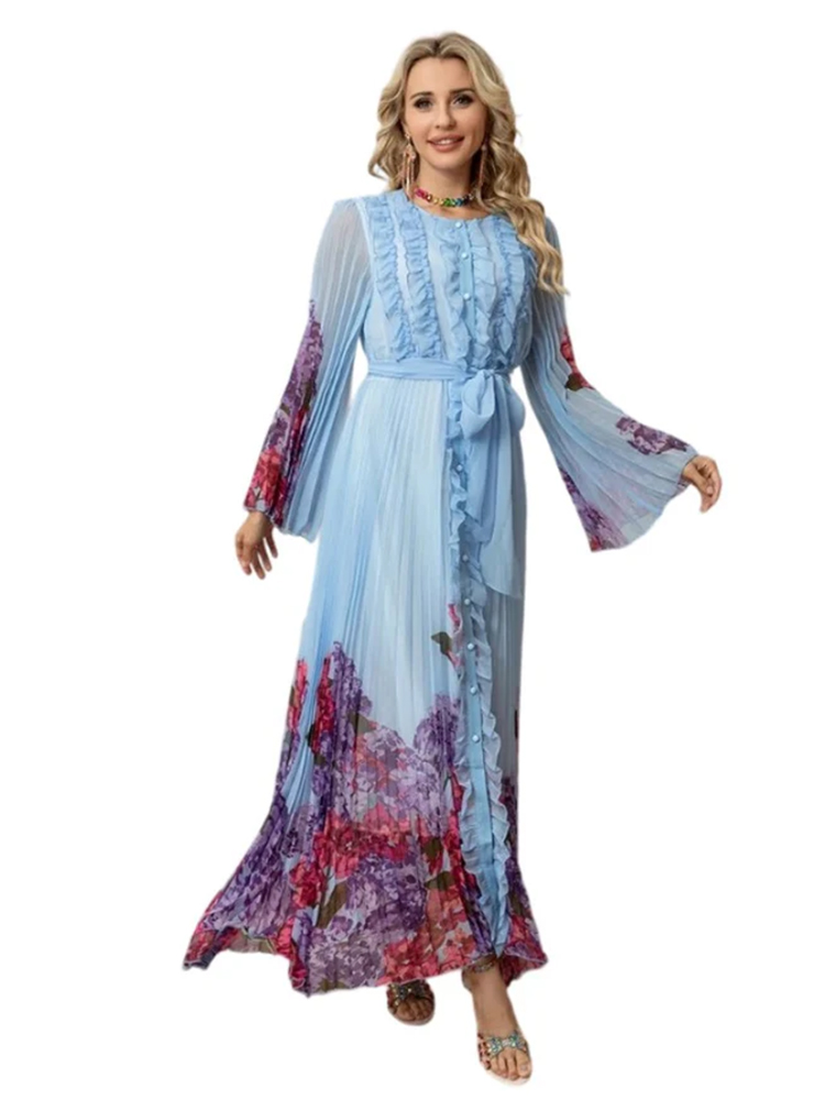 Summer New Women's Fashion Round Neck Long Sleeve Printed Black Fungus Edge Fully Folded Dress