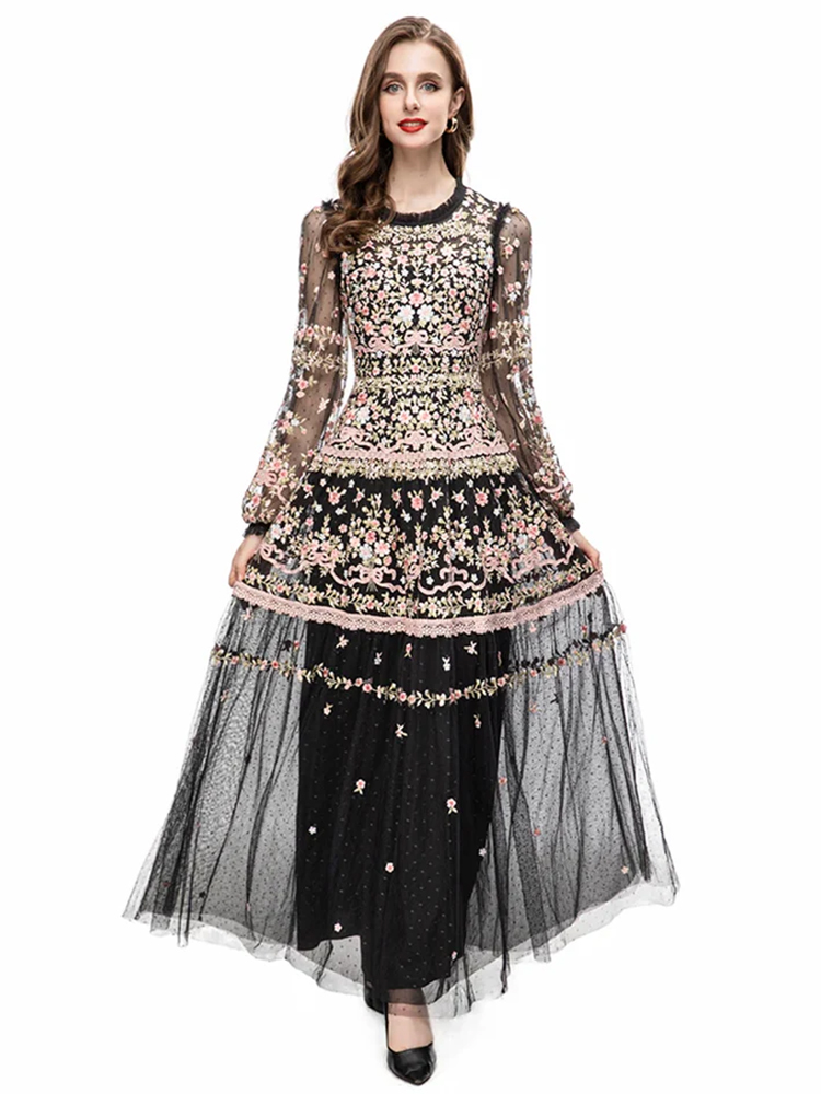 Summer Party Dress Women Flower Color Round Neck High Waist Transparent Print Netting Dress