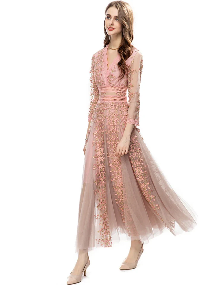 Retro Party Maxi Dress High Waist Mesh Embroidery Long Swing Skirt