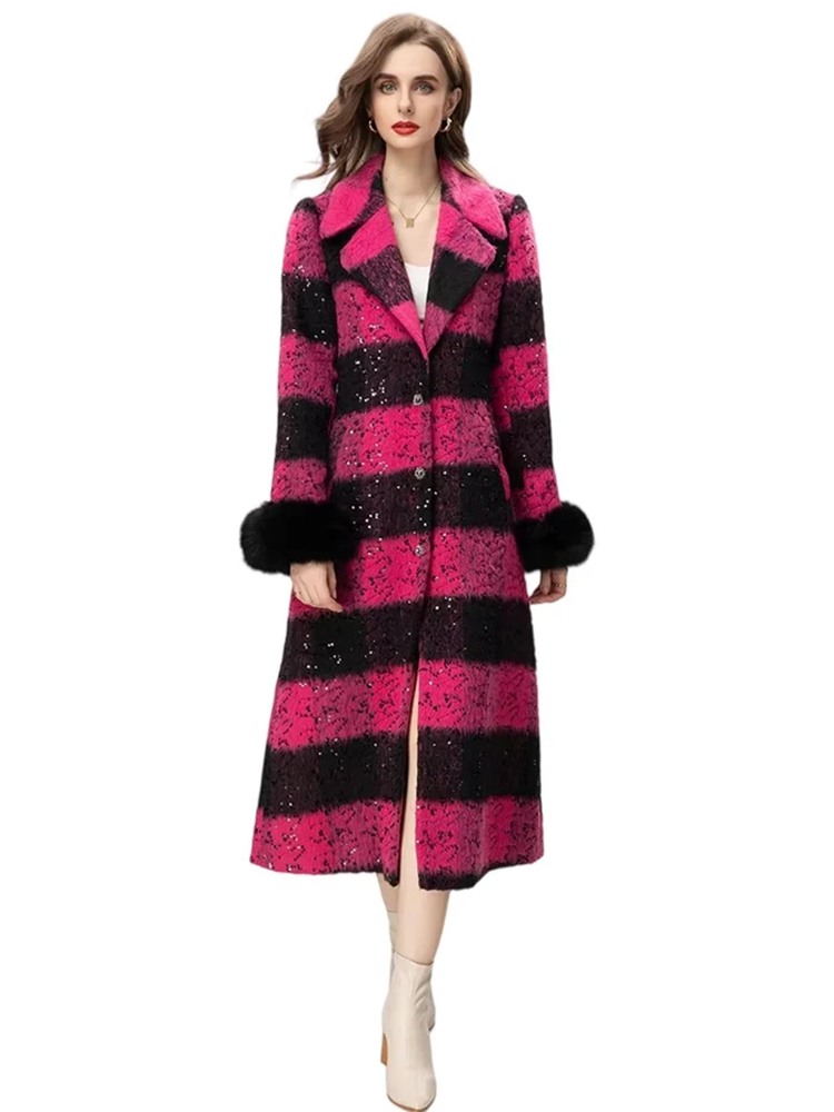 Sequined detachable feather single-breasted long-sleeved coat