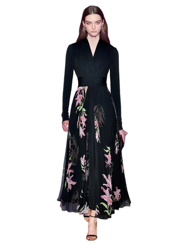 V-neck long waist printed pleated princess style fashionable dress