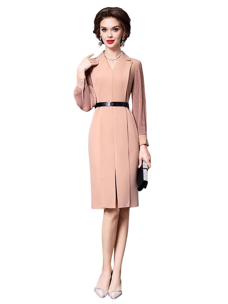 V-neck lantern sleeve slim-fit hip-hugging lace-up dress