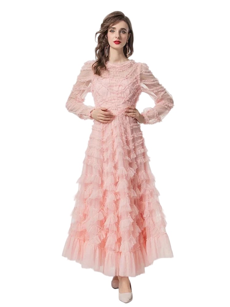 Polka dot embroidered elastic waist open back layered ruffle dress