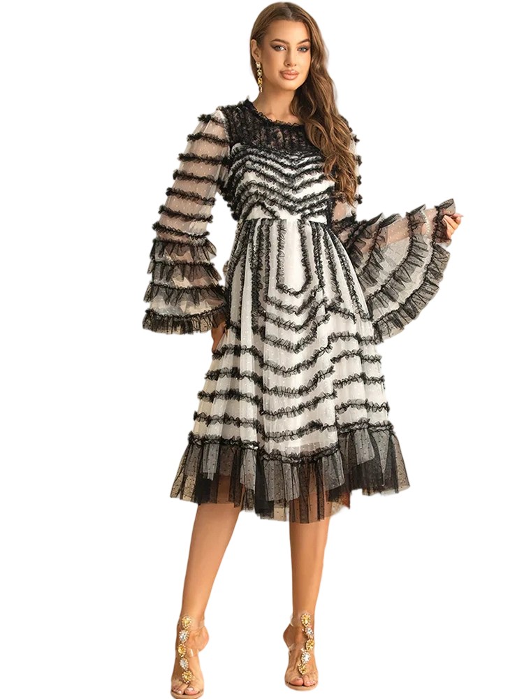 High-waisted striped bell-sleeve ruffled autumn midi dress