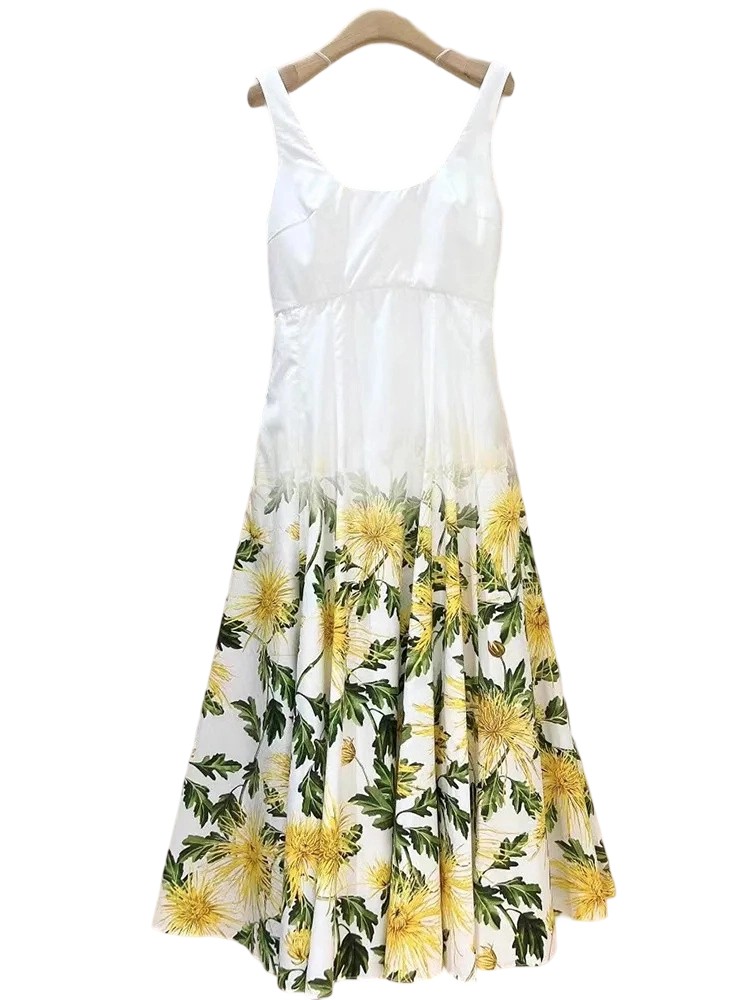 Square-Neck Beach Dress with Backless Spaghetti Strap & Floral Print