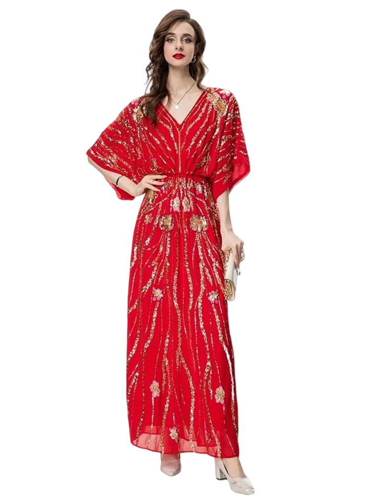 Summer Runway Fashion Cotton Dress Women's Bohemian Loose Flowers Embroidery Sequins Beading Tunics Dresses