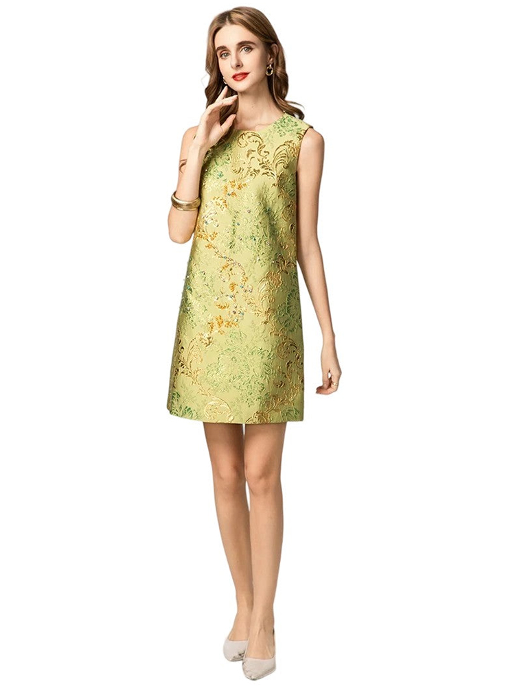 Sleeveless round neck printed beaded dress