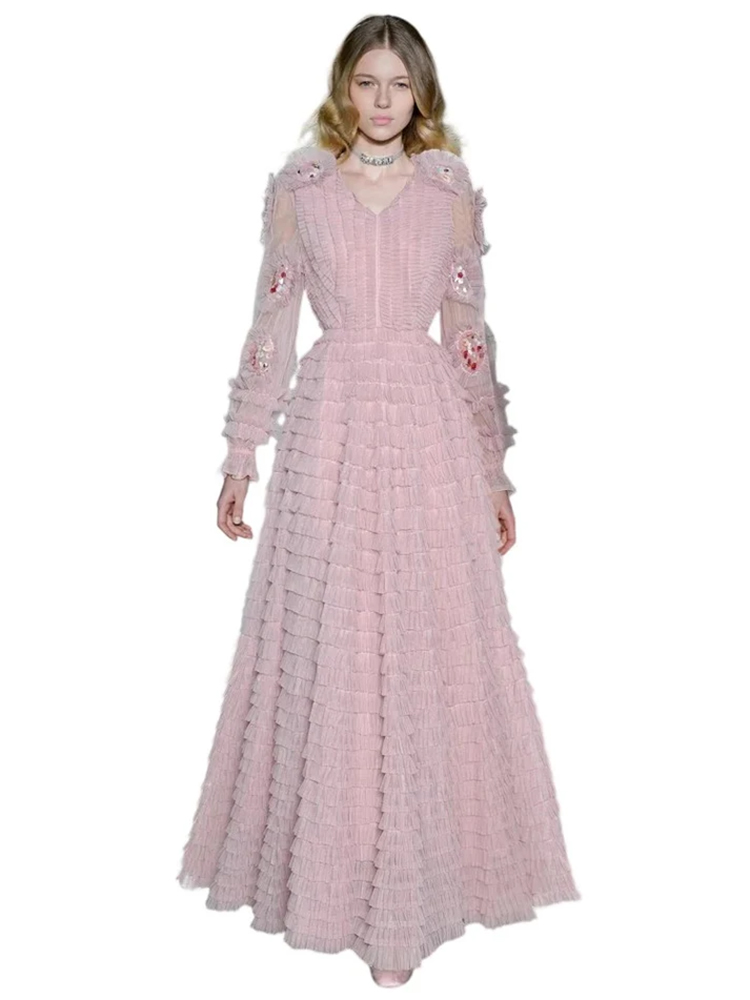 V-neck sequined three-dimensional flower long-sleeved waist long dress