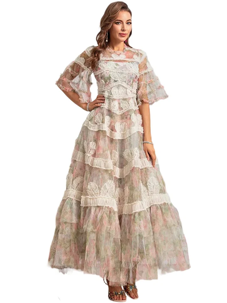 Summer Runway Fashion Dresses Women's Bohemian Floral Print Net YarnTemperament Sexy Ruffles Dresses