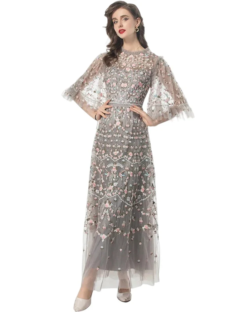 Summer Runway Fashion Dress Women Vintage Temperame Net Yarn Flowers Embroidery Beading Sequins Gorgeous Dresses