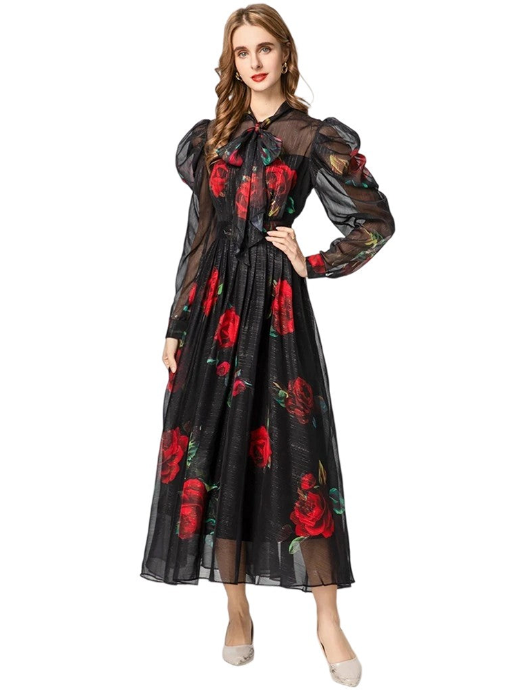 Spring/Summer New Mesh Red Rose Printed Casual Commuter V-neck Long Sleeve Dress