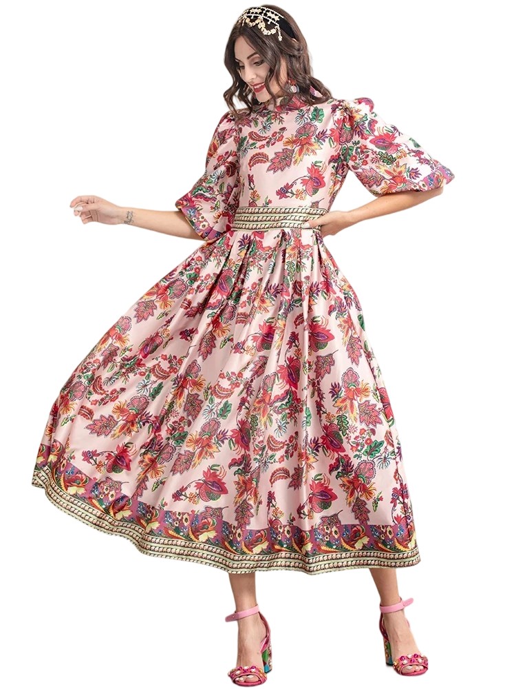 Puff Sleeve Floral Print Elegant Holiday Party Dress